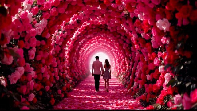 A vibrant floral tunnel filled with blooming roses in shades of red pink and white couple walking through the tunnel