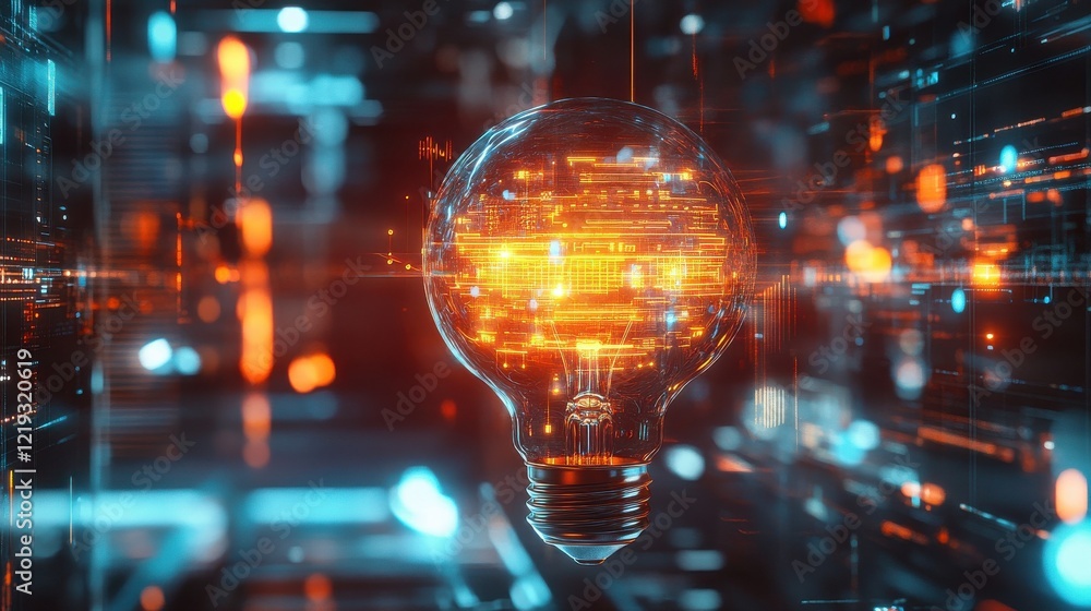 Poster abstract lightbulb with glowing digital business interface. solution and antivirus concept. 3d rende