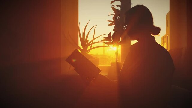 dark silhouette woman sits in chair by window holds book in hands reads novel, fingers turn paper page. Cozy home dark room, magic sun light sunset rays bim. Girl enjoys rest hobby reading rest relax