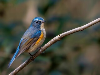 森の中で枝に留まって周りを見渡しているルリビタキの雄