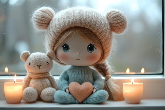 Cute doll with heart-shaped accessories and toys on display