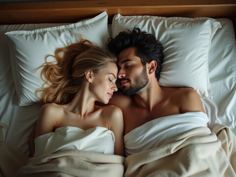 Una pareja joven durmiendo en la cama
