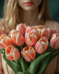 Fototapeta premium Blonde woman holding a bouquet of pink and white tulips, floral gift for Mother's Day, International Women's Day, spring celebration
