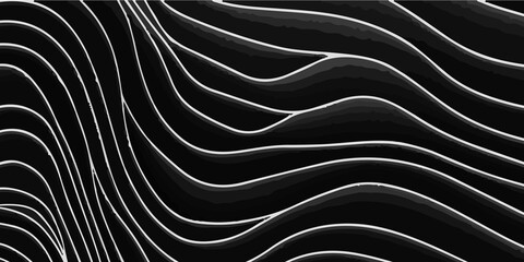 Minimalist Black Background with an Intricate Pattern of Flowing White Wavy Lines: A Modern Abstract Design. Elegant Abstract Design Featuring a Black Backdrop with Contrasting White Wavy Lines