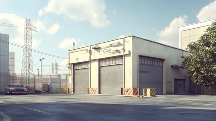 Obraz premium A small industrial building with clean lines and large garage doors in a modern industrial area