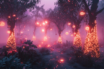 Naklejka premium A dreamy woodland with glowing pink lanterns hanging from trees, creating a mystical atmosphere.