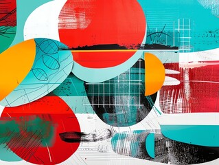 Nostalgic risograph-inspired art, bold turquoise and red gradients, exaggerated abstract shapes layered with playful textured overlays