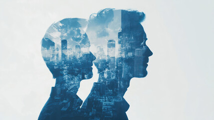 Double exposure of business people silhouettes and cityscape background, double-exposure effect showing a group team working together in an office for success with a white and blue color theme,