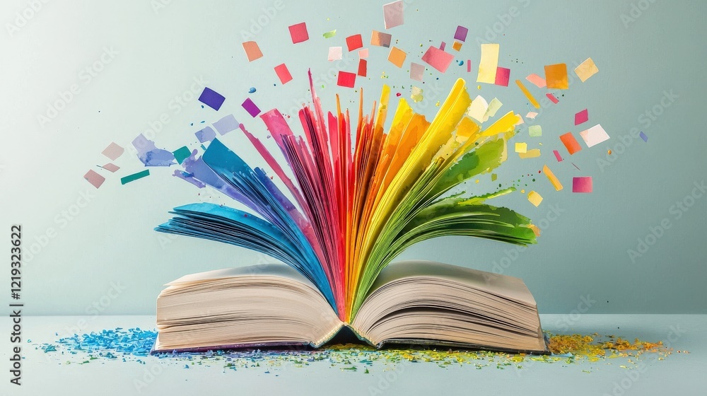 Poster vibrant book with colorful pages exploding with energy