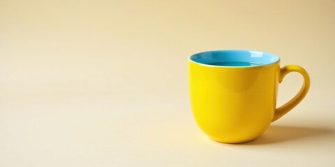 A Vibrant Yellow Mug with a Light Blue Interior Filled with a Refreshing Beverage on a Pale Yellow Background