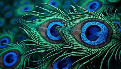 Obraz premium Close-up of vibrant overlapping peacock feathers with eye patterns 