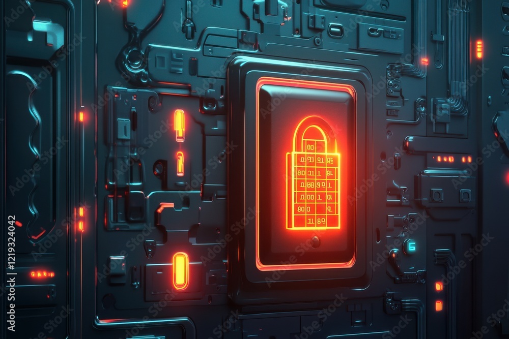 Poster digital padlock glows on a circuit board background representing cybersecurity and data protection