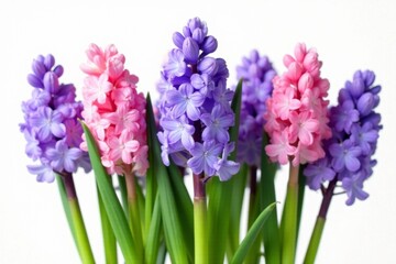 Fototapeta premium Hyacinth flowers in isolated arrangement on white background, bloom, hyacinths