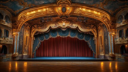 Fototapeta premium Ornate Gold Theater Stage Awaits Curtain Rise
