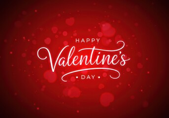 Naklejka premium Valentine's Day greeting card, elegant white cursive text, vibrant red background, glowing neon effect, romantic atmosphere, blurred edges, digital illustration,