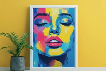 Colorful Abstract Portrait Art on Bright Yellow Wall with Plant