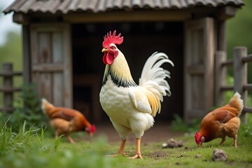 Proud White Rooster with Gentle Hens Foraging Against Rustic Barn Background