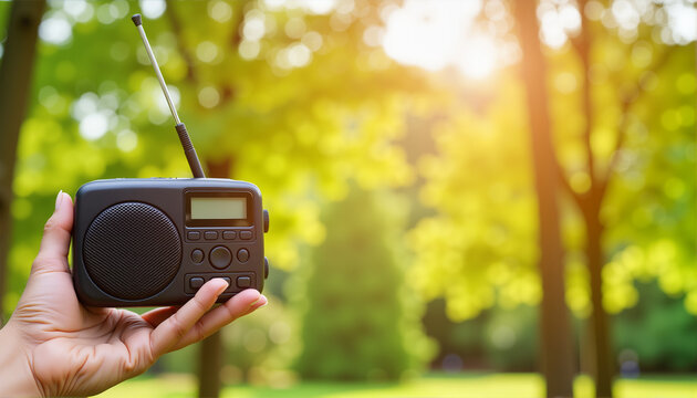 Hand holding vintage radio in sunny green park, Radio Day theme