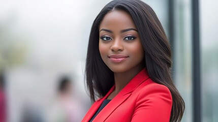 Fototapeta premium close up black African woman face portrait, businesswoman at modern office building