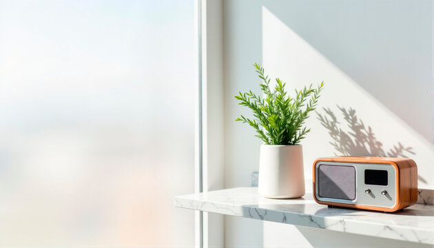 Indoor plant and retro radio on marble shelf by window, Radio Day theme