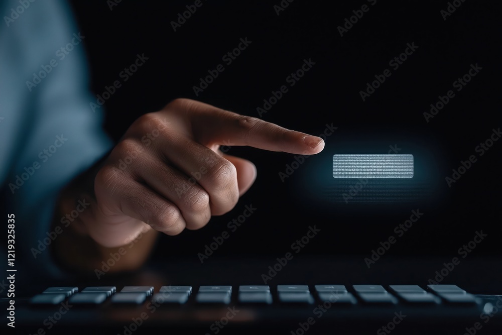 Aufkleber person points at search icon on dark background. person uses computer keyboard for search engine opt