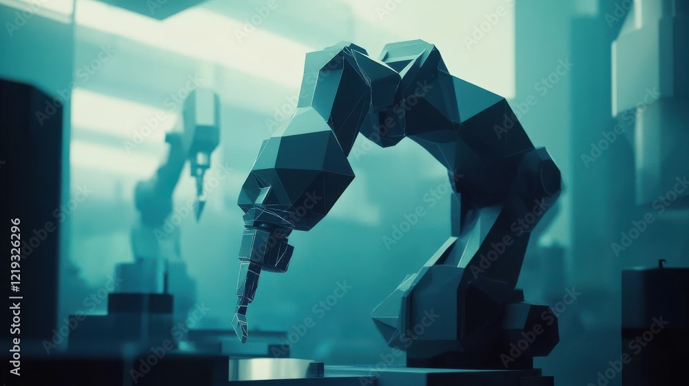 Poster an abstract polygonal engineer utilizes a robotic arm and tool, and the application of smart technol