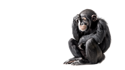 Thoughtful chimpanzee sitting casually with hand on its head, showcasing expressions of contemplation and curiosity against a clean background