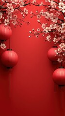Festive Red Lanterns and Cherry Blossoms on Red Background, Chinese New Year, Generated AI