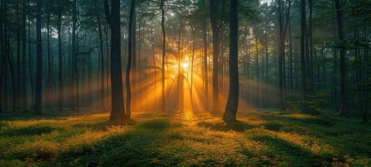 Obraz premium refreshing nature scenery landscape, peaceful spring season, sunlit pine forest with misty fog drifting around