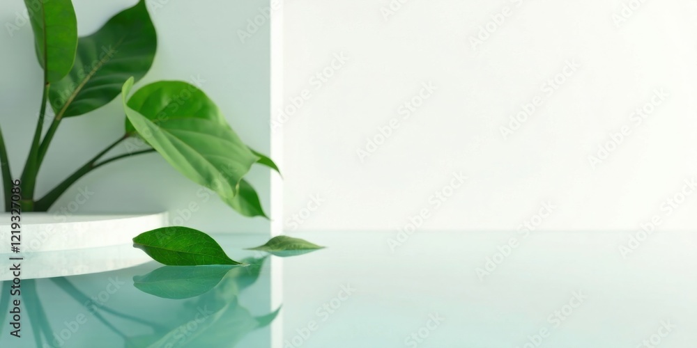 Aufkleber serene minimalist green leaf reflection on a smooth surface with white background