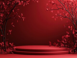 Crimson Stage with Botanical Red Foliage Backdrop, Product Placement Concept, Generated AI