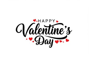 Valentine's Day greeting card, elegant black calligraphy, cursive font, red accents, small heart icons, white background