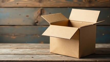 Empty Cardboard Box on Rustic Wooden Surface A Simple Packaging Concept for Delivery, Storage, or Moving