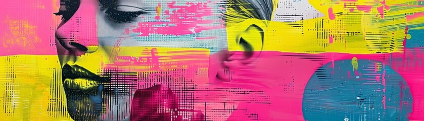 Risograph abstract composition, bold pink and lime figures, grainy textures layered for a high-energy retro look