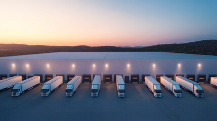 A large warehouse with many white trucks parked in it