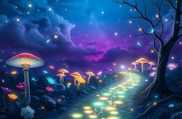 Whimsical Night Forest with Glowing Mushrooms and Stars