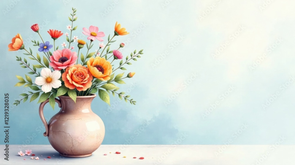 Poster a delicate arrangement of vibrant wildflowers in a rustic pitcher, sitting on a pristine surface aga
