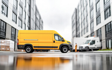 A yellow van is parked in front of a building