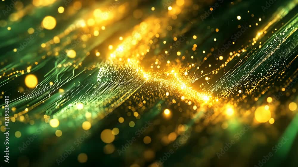 Poster Immerse yourself in a breathtaking visual journey through shimmering streams of golden light and intricate green circuit patterns. Experience the fusion of technology and art.