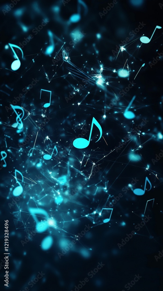 Poster Bright turquoise music notes floating among interconnected lines and shimmering particles create a vibrant visual of digital music composition and online streaming