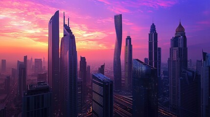 Fototapeta premium Dubai Skyline at Sunset with A Vibrant Panorama of Modern Architecture