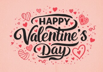 Valentine's Day typography, hand-lettered text, romantic calligraphy, pink and black color scheme, heart illustrations, scattered confetti, textured background