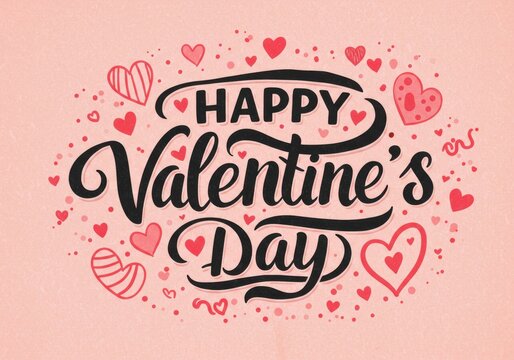 Valentine's Day typography, hand-lettered text, romantic calligraphy, pink and black color scheme, heart illustrations, scattered confetti, textured background