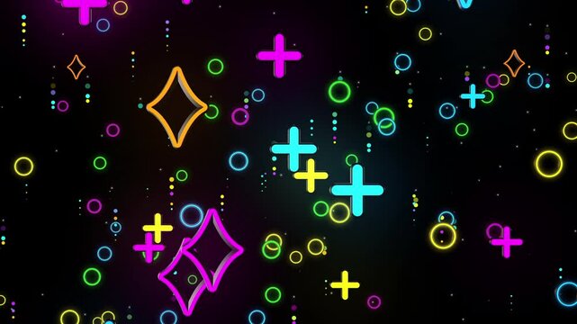 various cute 3d multi-colored plus and star symbol in flat style flying up. neon glowing. dot particles trail. Digital Art. Computer animation. Modern background. motion design. Loopable.LED 4K