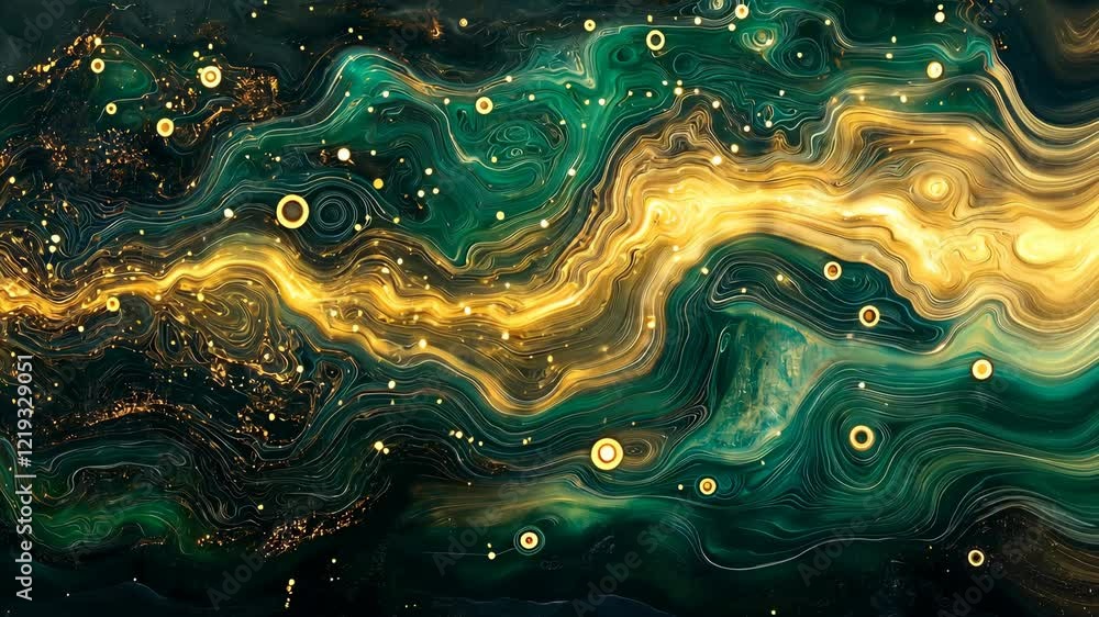 Poster dive into a mesmerizing digital art piece where swirling emerald and golden patterns create a river 