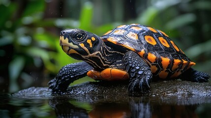 Obraz premium Vibrant Yellow-spotted River Turtle in Lush Green Habitat