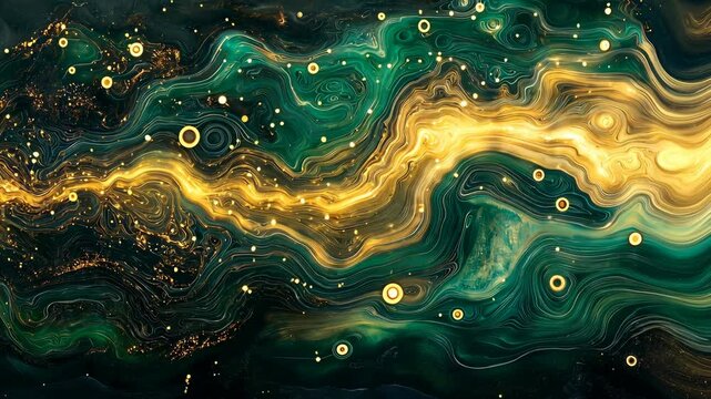 Dive into a mesmerizing digital art piece where swirling emerald and golden patterns create a river of light. This captivating visual journey blends nature's fluidity and cosmic wonder. 