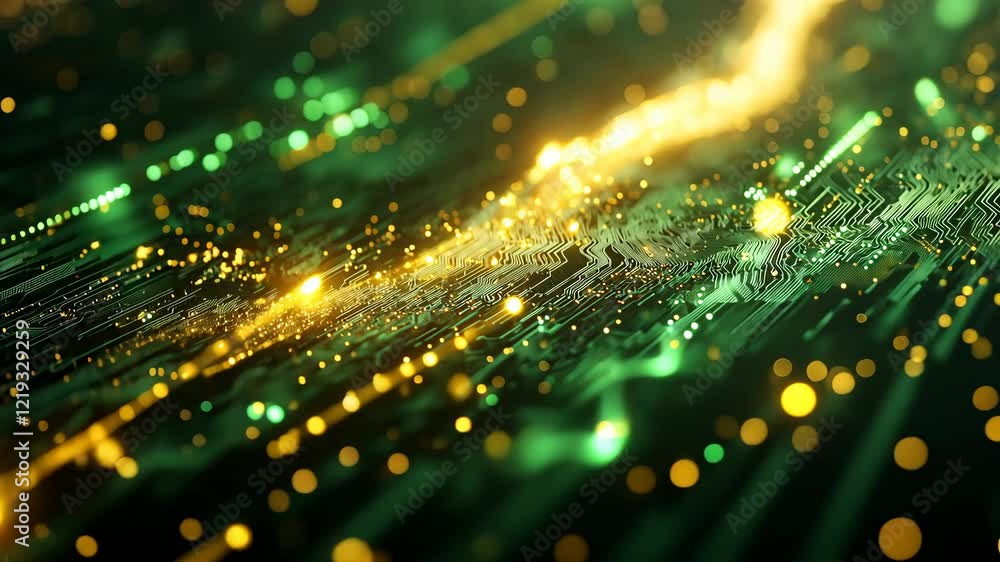 Fototapete journey through a mesmerizing landscape of shimmering golden lights dancing over intricate green cir