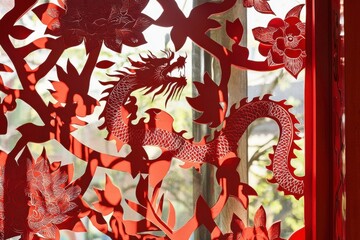 Paper-Cut Artwork Display A window adorned with intricate paper-cut designs of flowers, dragons, and Chinese characters, the sunlight illuminating each design&acirc;&euro;&trade;s delicate edges.