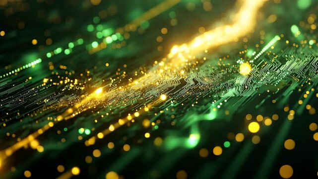 Journey through a mesmerizing landscape of shimmering golden lights dancing over intricate green circuits. This video showcases the fusion of digital art and dazzling technology.
